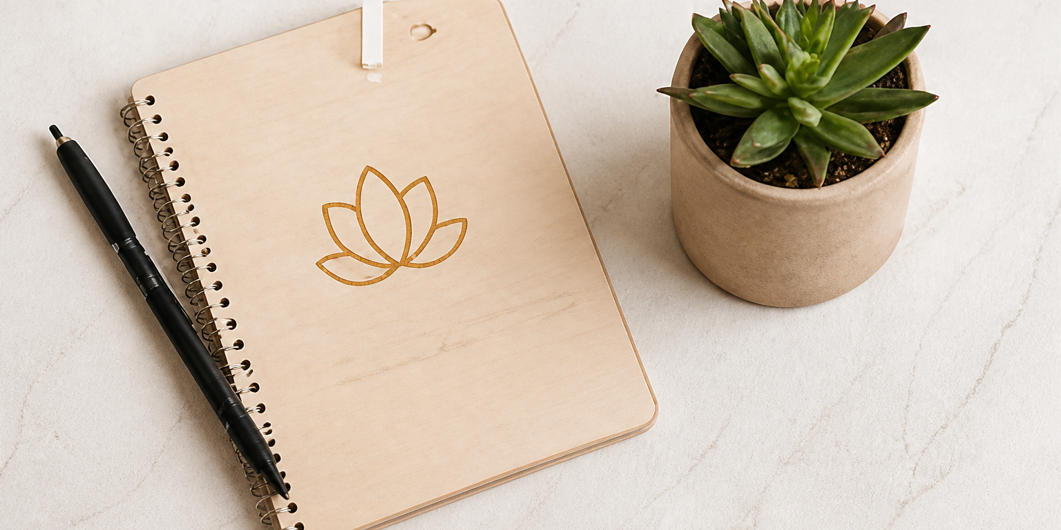 Planning notebook with the Coastal Polish & Beauty lotus mark, ready for your visit notes